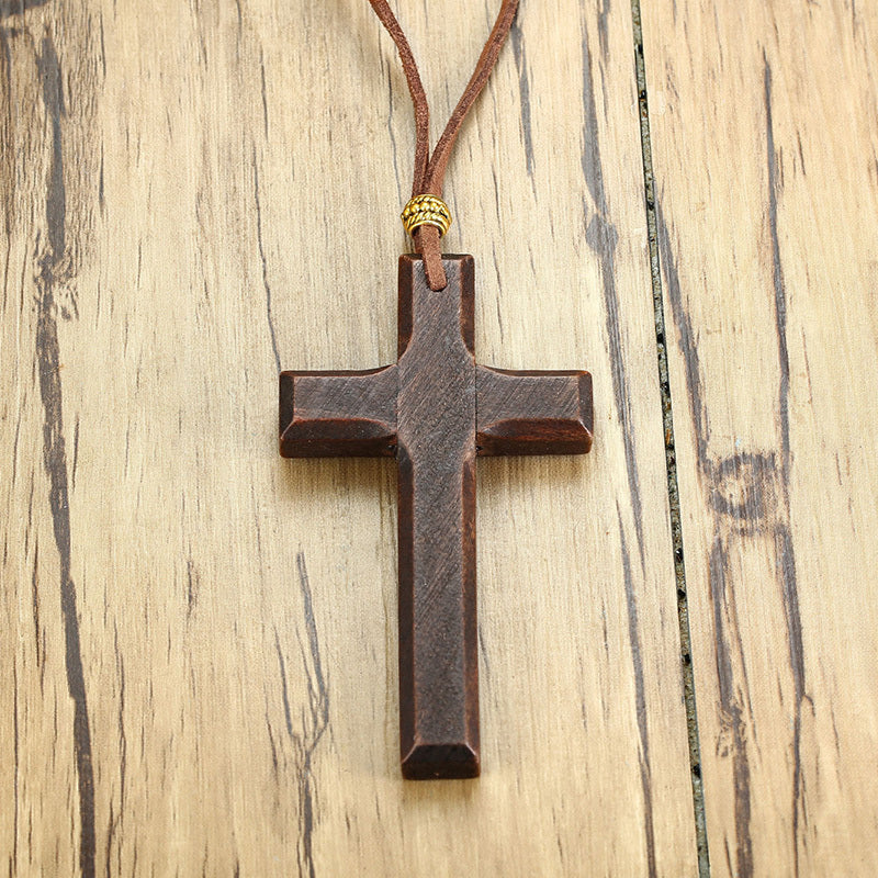 Vintage Wooden Cross Pendant Necklace