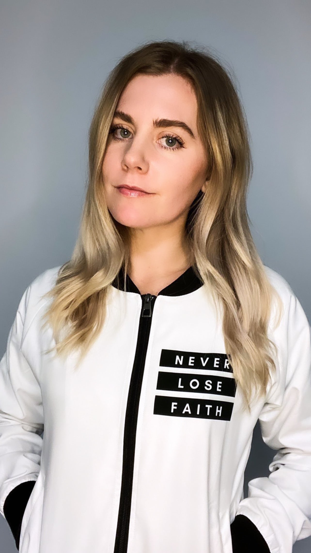 Women's Never Lose Faith White Bomber Jacket