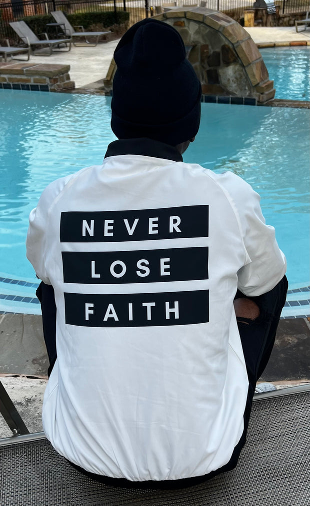 Men's Never Lose Faith White Bomber Jacket